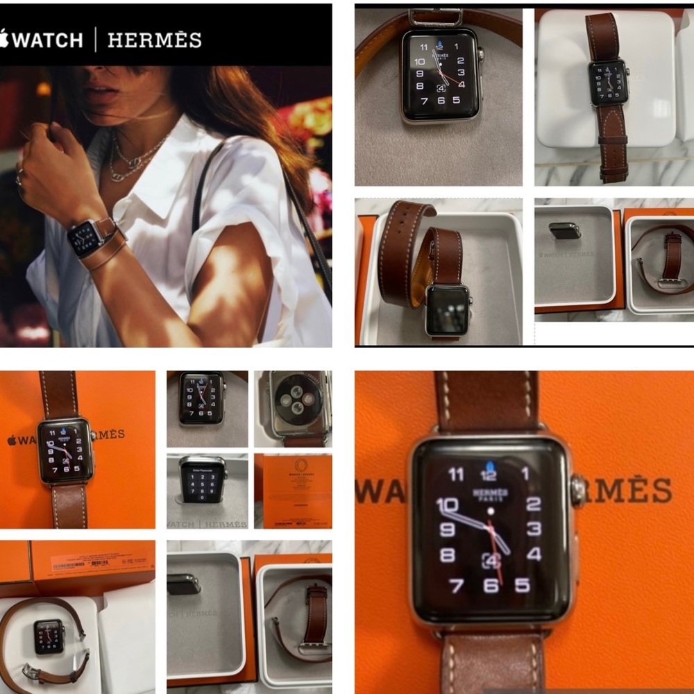 HERMES APPLE WATCH , WITH 38mm FAUVE BERENIA HANDMADE LEATHER DOUBLE TOUR BAND